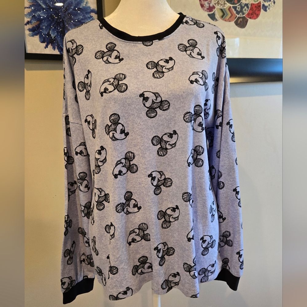 Disney Light Blue and Black Patterned Mickey Mouse Long Sleeve Pajama Shirt